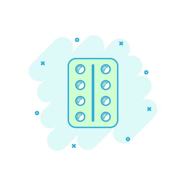 Çizgi roman tarzında vektör çizgi film hapı ikonu. Tablet konsepti resimli resim. Kapsül tıbbi iş sıçrama etkisi konsepti.