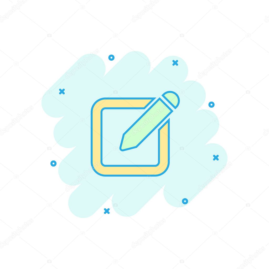 Vector cartoon notepad edit document with pencil icon in comic style. Notepad concept illustration pictogram. Document business splash effect concept.