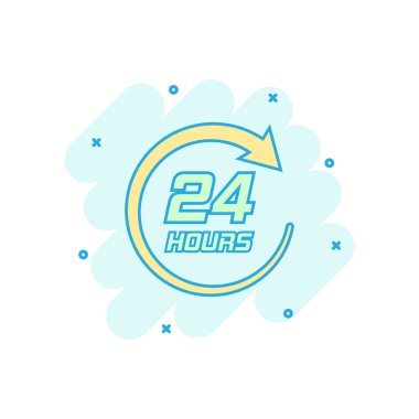 Vektör karikatürü, 24 saat boyunca karikatür tarzında. 7 / 24 servis zamanı konsept resim çizimi. Saat başı iş sıçrama etkisi konsepti.