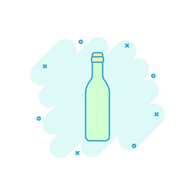 Vektör çizgi film şarabı, komik bira şişesi ikonu. Alkol şişesi konsepti resimli resim. Bira, votka, şarap işi sıçrama etkisi konsepti.