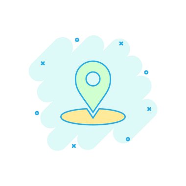 Çizgi roman tarzında vektör karikatür işaretleyici simgesi. GPS navigasyon işareti resimli resim. Pointer hedef iş sıçrama etkisi konsepti.