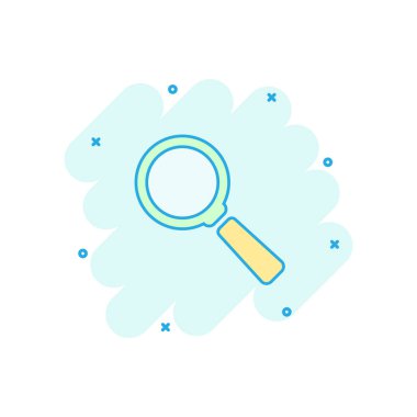 Vektör çizgi film büyüteç simgesi, komik bir şekilde. Büyüteç resimli arama grafiği. Arama işi sıçrama efekti konseptini bul.