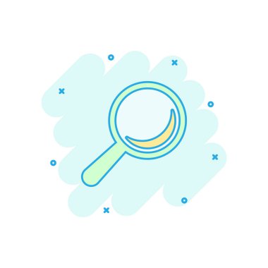 Vektör çizgi film büyüteç simgesi, komik bir şekilde. Büyüteç resimli arama grafiği. Arama işi sıçrama efekti konseptini bul.