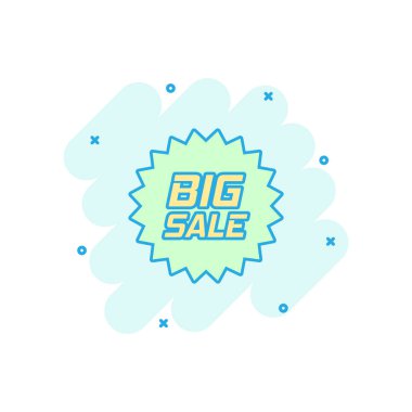 Çizgi roman stili ile vektör karikatür indirim simgesi. İndirimli etiket resimli resim. Büyük indirimli satış, sıçrama etkisi kavramı..