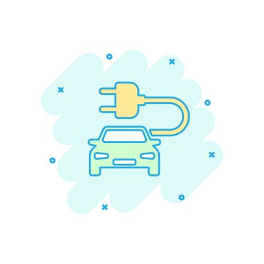 Vektör karikatür elektro araba ikonu. Elektrikli otomobil resimli resim. Ekoloji otomobili sıçrama etkisi konsepti.