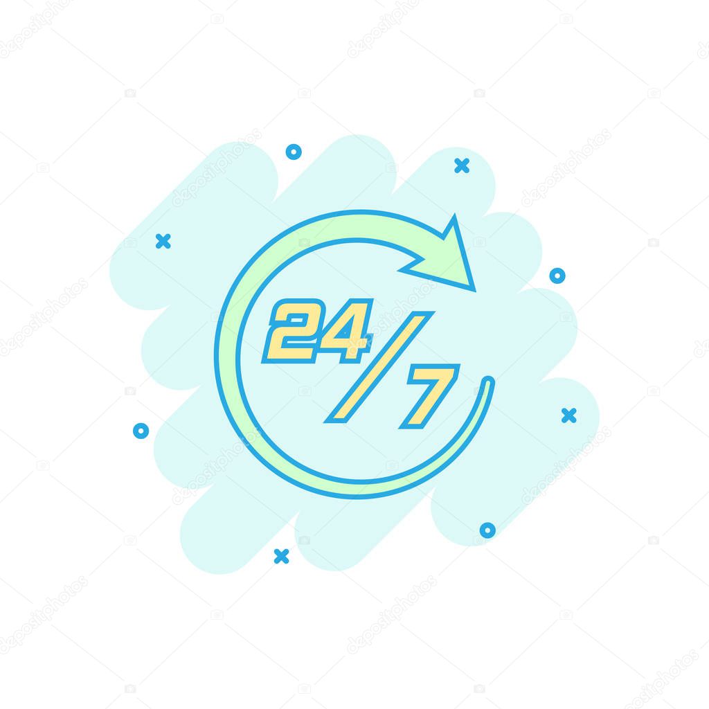 Vector cartoon twenty four hour clock icon in comic style. 24/7 service time concept illustration pictogram. Around the clock business splash effect concept.