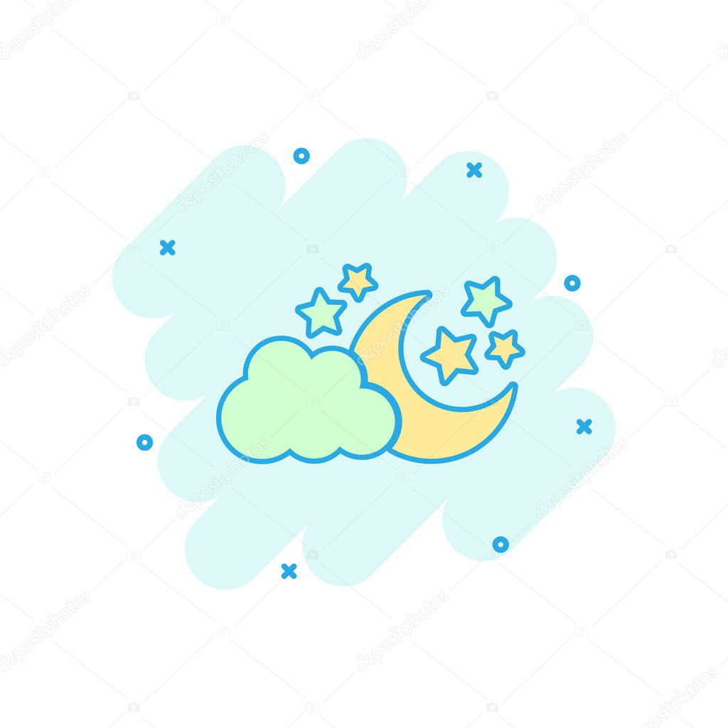 Vector cartoon moon and stars with clods icon in comic style. Nighttime concept illustration pictogram. Cloud, moon business splash effect concept.