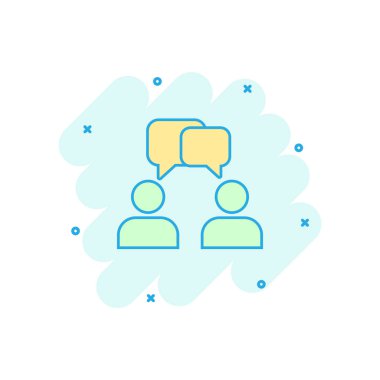 Vektör karikatür komik tarzda insanlar simgesi konuş. Konuşma balonu konsept illüstrasyon piktogram olan adam. Talk sohbet iş sıçrama etkisi kavramı.