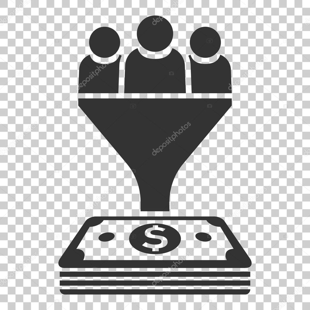 Lead management icon in flat style. Funnel with people, money vector illustration on isolated background. Target client business concept.