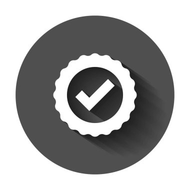 Sertifika madalya simgesinde düz stil onayladı. Onay işareti damgası vektör çizim uzun gölge ile. Kabul, ödülü mühür iş kavramı.