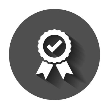 Sertifika madalya simgesinde düz stil onayladı. Onay işareti damgası vektör çizim uzun gölge ile. Kabul, ödülü mühür iş kavramı.