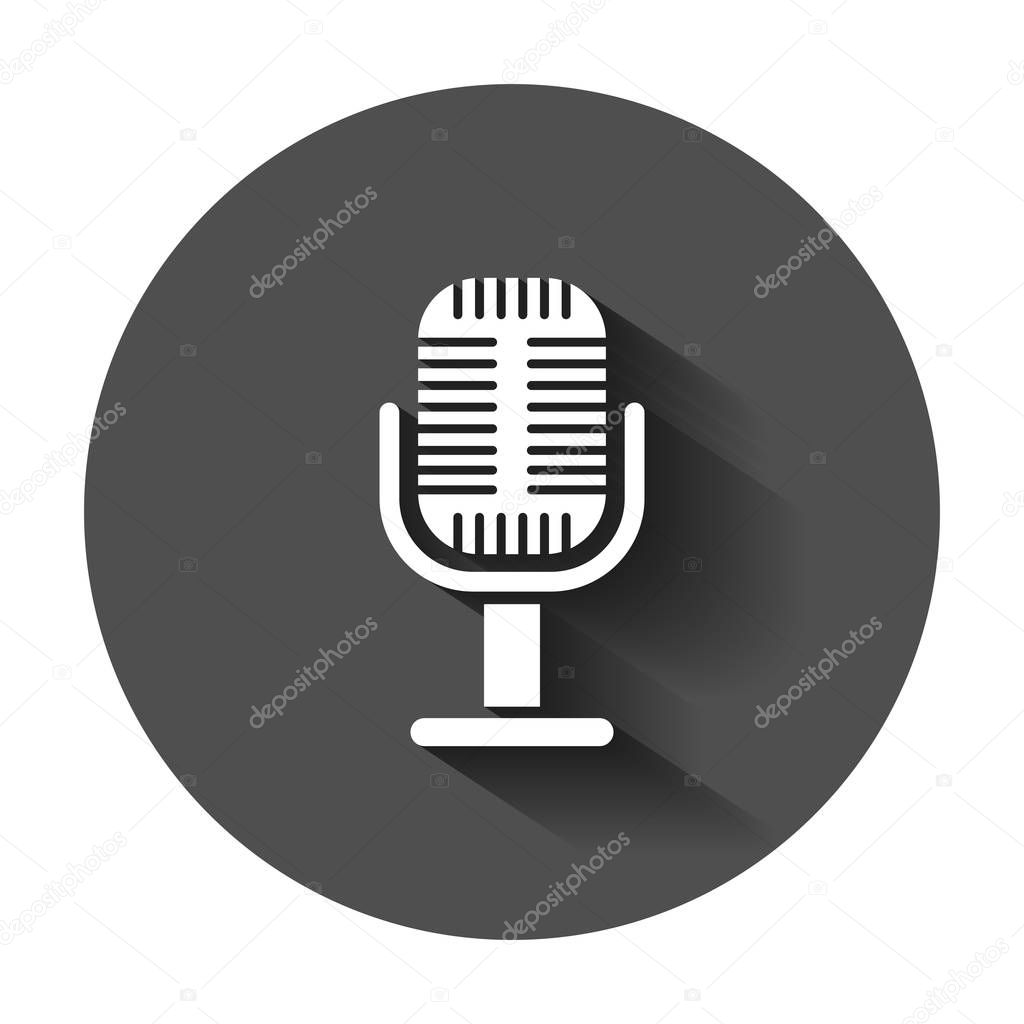 Microphone icon in flat style. Mic broadcast vector illustration with long shadow. Microphone mike speech business concept.