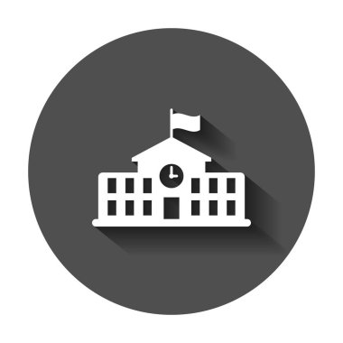 Okul bina simgesini düz stil. Üniversite eğitim vektör çizim uzun gölge ile. Banka, hükümet iş kavramı.