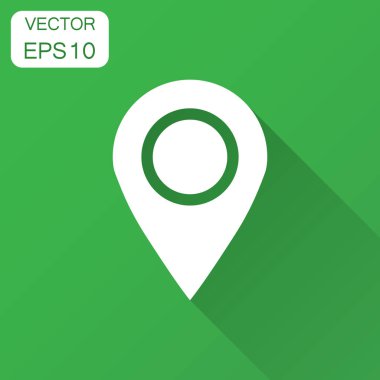 PIN harita simgesini düz stil. GPS navigasyon vektör çizim uzun gölge ile. Hedef hedef iş kavramı.