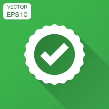 Sertifika madalya simgesinde düz stil onayladı. Onay işareti damgası vektör çizim uzun gölge ile. Kabul, ödülü mühür iş kavramı.