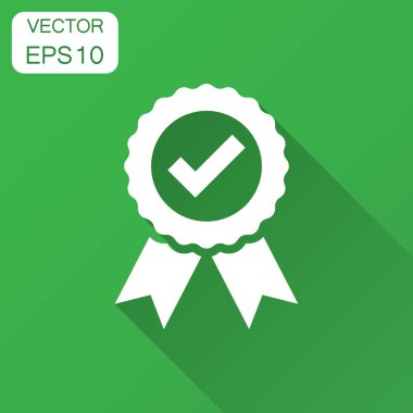 Sertifika madalya simgesinde düz stil onayladı. Onay işareti damgası vektör çizim uzun gölge ile. Kabul, ödülü mühür iş kavramı.