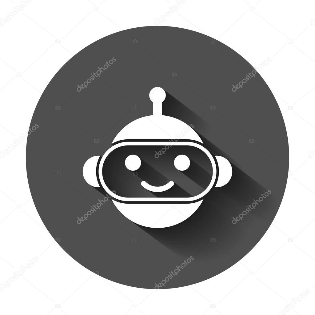 Cute robot chatbot icon in flat style. Bot operator vector illustration with long shadow. Smart chatbot character business concept.