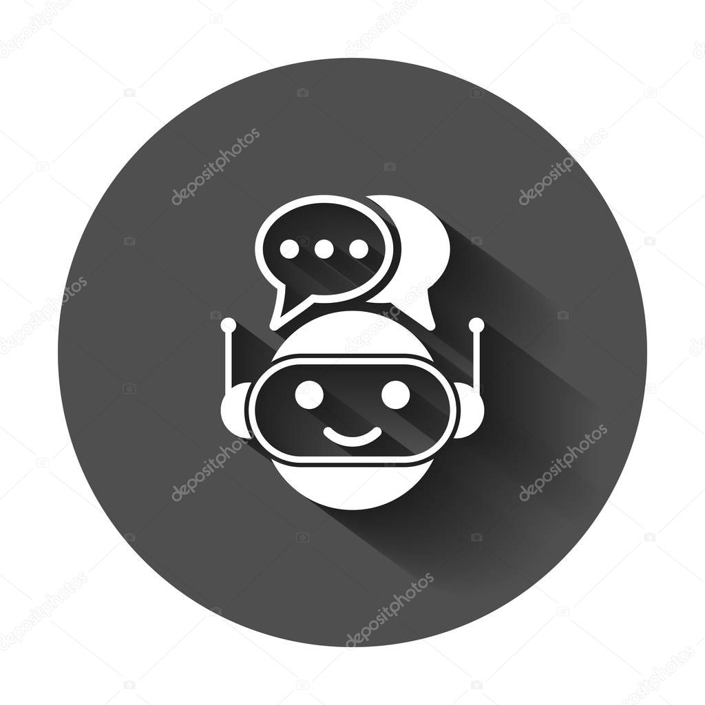 Cute robot chatbot icon in flat style. Bot operator vector illustration with long shadow. Smart chatbot character business concept.