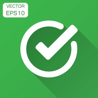 Onay işareti simgesini düz stil. Tamam, vektör çizim uzun gölge ile kabul ediyorum. Kene iş kavramı.