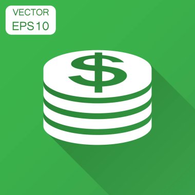 Paralar düz stil simgesinde yığını. Dolar sikke vektör çizim uzun gölge ile. Para yığılmış iş kavramı.