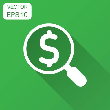Cam düz stil dolar işareti simgesiyle büyüt. Büyüteç, para vektör çizim uzun gölge ile. Arama bill iş kavramı.