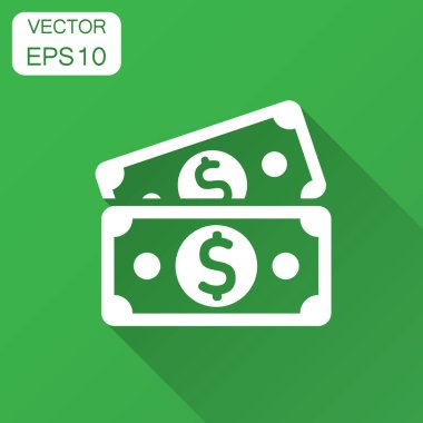 Dolar Döviz Alım banknot simgesini düz stil. Doları nakit vektör çizim uzun gölge ile. Banknot bill iş kavramı.