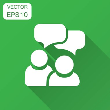 Konuşma balonu simgesinin düz stilde insanlarla. İş sözleşmesi vektör çizim uzun gölge ile. Ortaklık konuşma iş kavramı.