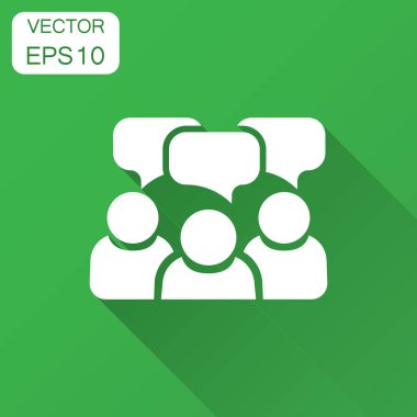 Konuşma balonu simgesinin düz stilde insanlarla. İş sözleşmesi vektör çizim uzun gölge ile. Ortaklık konuşma iş kavramı.