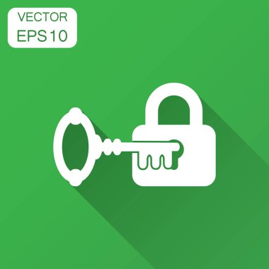 Anahtar düz stil asma kilit simgesine sahip. Erişim oturum açma vektör çizim uzun gölge ile. Kilit anahtar deliği iş kavramı.