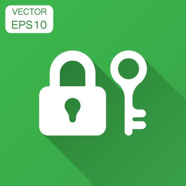 Anahtar düz stil asma kilit simgesine sahip. Erişim oturum açma vektör çizim uzun gölge ile. Kilit anahtar deliği iş kavramı.