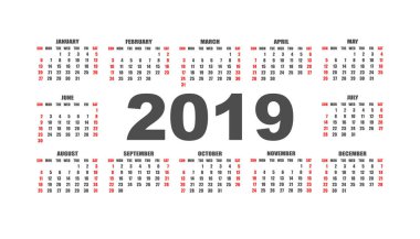 Takvim 2019 yılında basit tarzı. Takvim Planlayıcısı tasarım şablonu. Gündem aylık şablonu. İş vektör çizim.