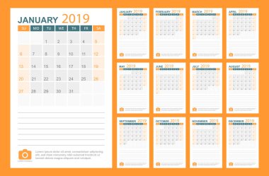 Takvim 2019 yılında basit tarzı. Takvim Planlayıcısı tasarım şablonu. Şirket logosu ile gündem aylık şablonu. İş vektör çizim.