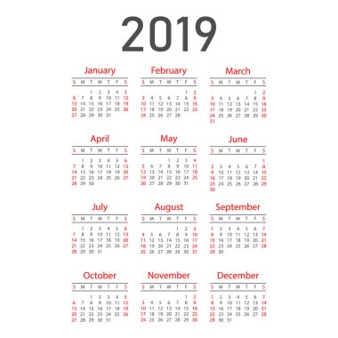 Takvim 2019 yılında basit tarzı. Takvim Planlayıcısı tasarım şablonu. Gündem aylık şablonu. İş vektör çizim.