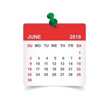 Haziran 2019 yılında kağıt etiket iğne ile takvim. Takvim Planlayıcısı tasarım şablonu. Gündem Haziran aylık hatırlatma. İş vektör çizim.