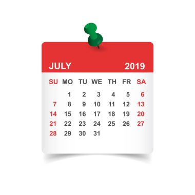 Takvim kağıt etiket iğne ile Temmuz 2019 yılında. Takvim Planlayıcısı tasarım şablonu. Gündem Temmuz aylık hatırlatma. İş vektör çizim.