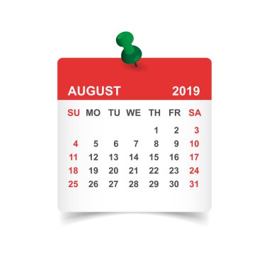 2019 yılında Ağustos: kağıt etiket iğne ile takvim. Takvim Planlayıcısı tasarım şablonu. Gündem Ağustos aylık hatırlatma. İş vektör çizim.