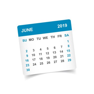 Haziran 2019 yılında gölge ile kağıt etiket takvim. Takvim Planlayıcısı tasarım şablonu. Gündem Haziran aylık hatırlatma. İş vektör çizim.