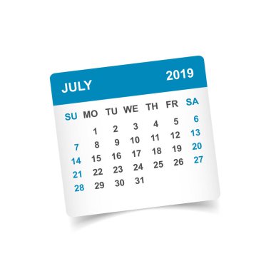 Takvim Temmuz 2019 yılında gölge ile kağıt etiket. Takvim Planlayıcısı tasarım şablonu. Gündem Temmuz aylık hatırlatma. İş vektör çizim.