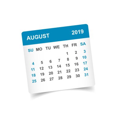 2019 yılında Ağustos: kağıt etiket gölge ile takvim. Takvim Planlayıcısı tasarım şablonu. Gündem Ağustos aylık hatırlatma. İş vektör çizim.