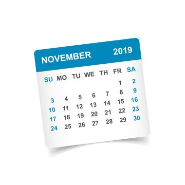 Takvim Kasım 2019 yılında gölge ile kağıt etiket. Takvim Planlayıcısı tasarım şablonu. Gündem Kasım aylık hatırlatma. İş vektör çizim.