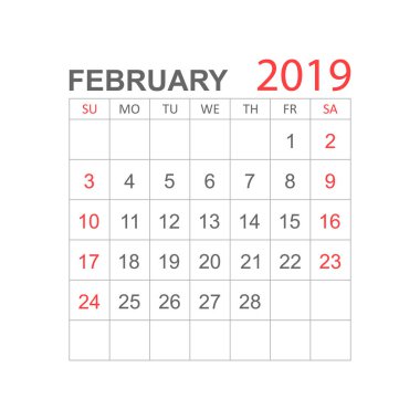 Takvim Şubat 2019 yılında basit tarzı. Takvim Planlayıcısı tasarım şablonu. Gündem Şubat aylık hatırlatma. İş vektör çizim.