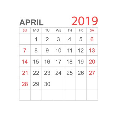 Nisan 2019 yılında basit tarzı takvim. Takvim Planlayıcısı tasarım şablonu. Gündem Nisan aylık hatırlatma. İş vektör çizim.