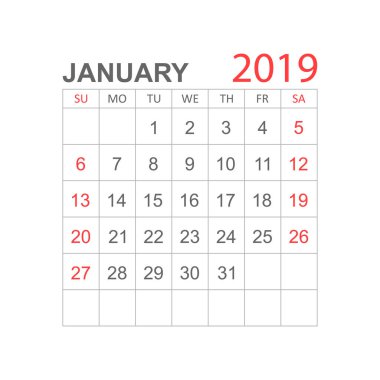 Takvimi Ocak 2019 yılında basit tarzı. Takvim Planlayıcısı tasarım şablonu. Gündem Ocak aylık hatırlatma. İş vektör çizim.