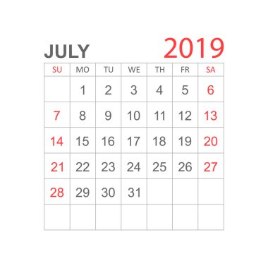 Takvim basit tarzı Temmuz 2019 yılında. Takvim Planlayıcısı tasarım şablonu. Gündem Temmuz aylık hatırlatma. İş vektör çizim.