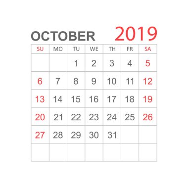 Takvim basit tarzı Ekim 2019 yılında. Takvim Planlayıcısı tasarım şablonu. Gündem Ekim aylık hatırlatma. İş vektör çizim.