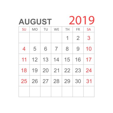 2019 yılında Ağustos: basit tarzı takvim. Takvim Planlayıcısı tasarım şablonu. Gündem Ağustos aylık hatırlatma. İş vektör çizim.