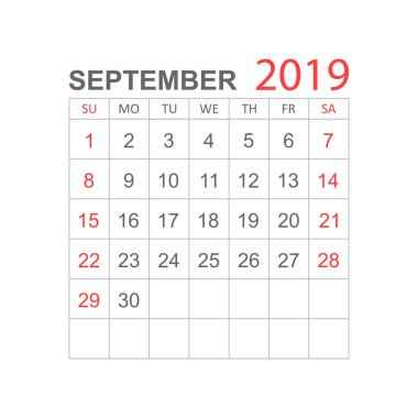 Takvim Eylül 2019 yılında basit tarzı. Takvim Planlayıcısı tasarım şablonu. Gündem Eylül aylık hatırlatma. İş vektör çizim.
