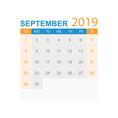 Takvim Eylül 2019 yılında basit tarzı. Takvim Planlayıcısı tasarım şablonu. Gündem Eylül aylık hatırlatma. İş vektör çizim.