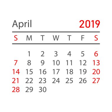 Nisan 2019 yılında basit tarzı takvim. Takvim Planlayıcısı tasarım şablonu. Gündem Nisan aylık hatırlatma. İş vektör çizim.