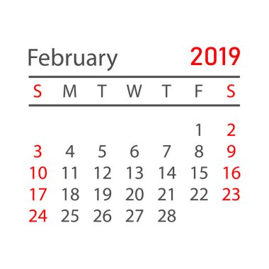 Takvim Şubat 2019 yılında basit tarzı. Takvim Planlayıcısı tasarım şablonu. Gündem Şubat aylık hatırlatma. İş vektör çizim.